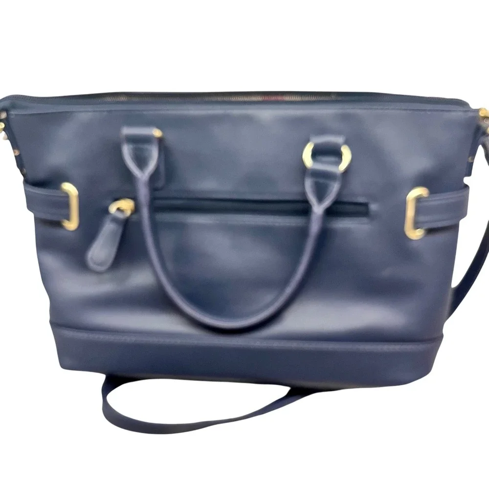 Stone Mountain Navy Faux Leather Convertible Satchel Shoulder Bag Gold Accents